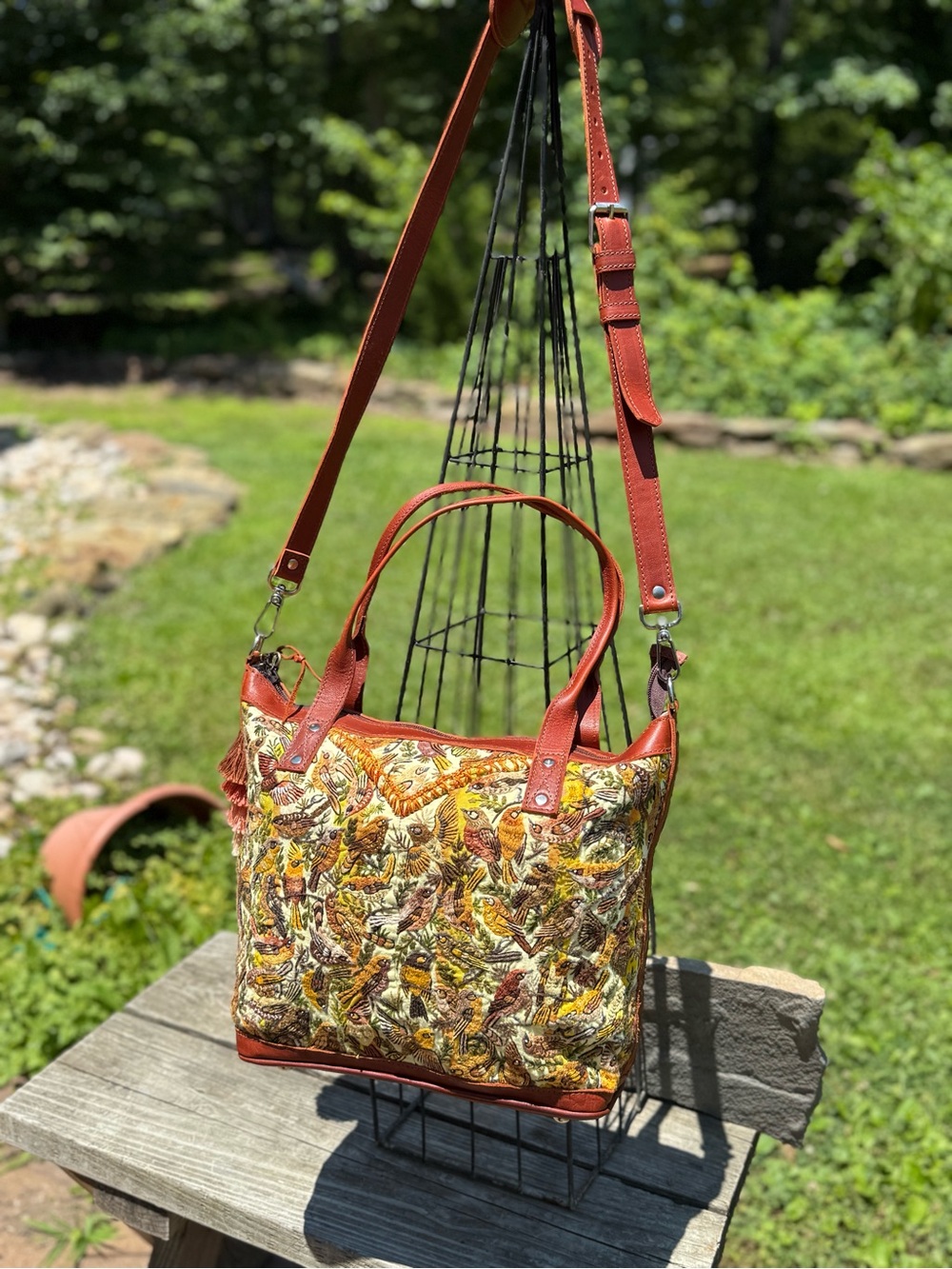 Multicolor Nature-Print Shoulder Tote with Rust Trim